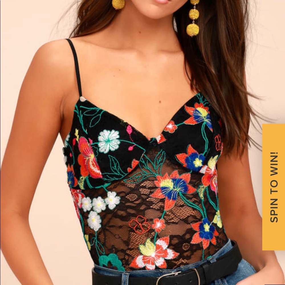 Lulu’s Black embroidered lace bodysuit